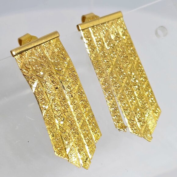 Vintage 14k Herringbone Chain Floral Pattern Chevron Dangle Italy Earrings - Picture 13 of 15